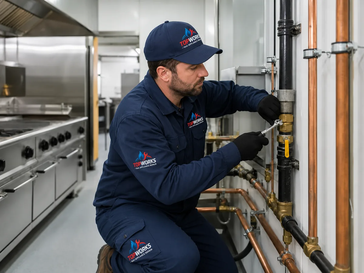 Topworks gas appliance repair technician servicing commercial gas pipework in Gauteng