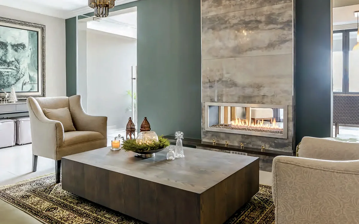 Infiniti Fires double-sided gas fireplace installation in a modern Gauteng interior