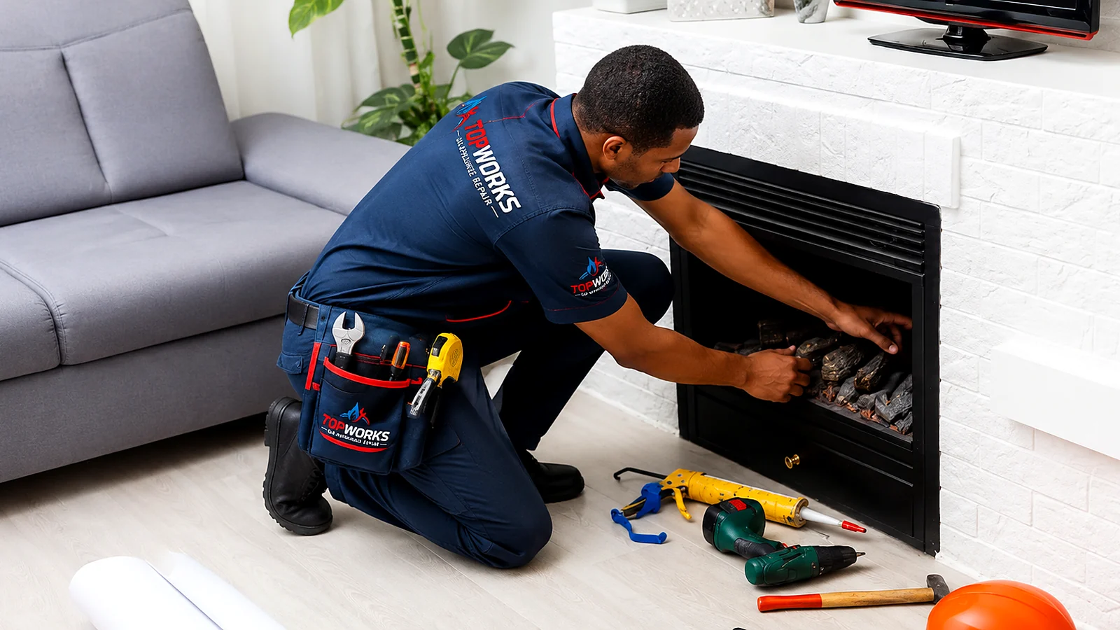 Topworks technician carrying out gas fireplace inspection for Morsø service enquiries in Gauteng