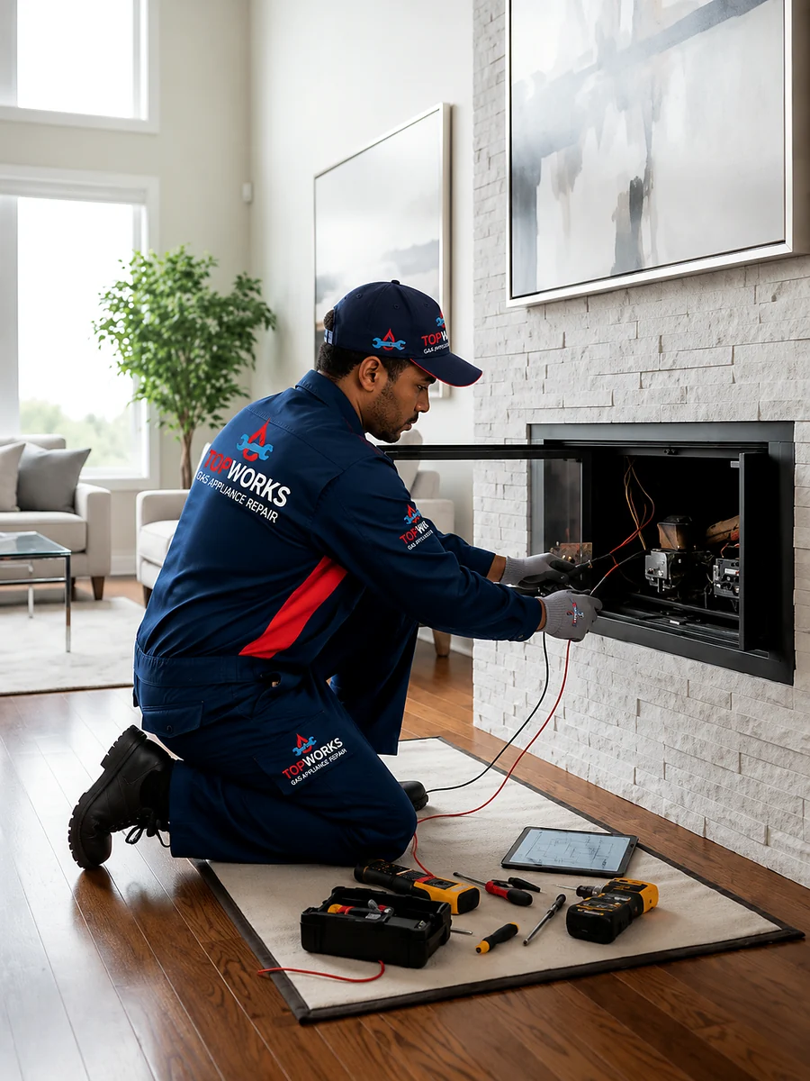 Topworks technician inspecting a Jetmaster-style built-in gas fireplace in Gauteng